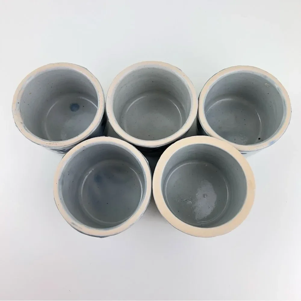 Salt Glaze Pottery Dish Boho Blue Glaze Handmade Vintage Ceramic Bowl Set Of 5 - Picture 4 of 7